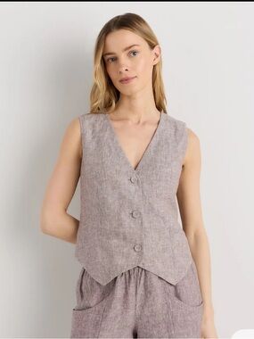 Quince European linen Button Vest in Taupe brown chambray size Small